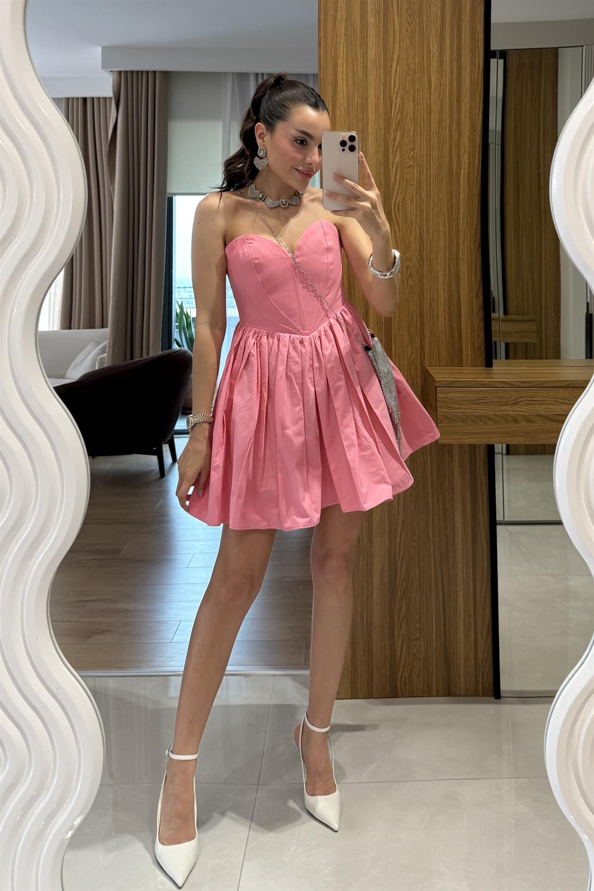 Marsilia Pembe Kalp Yaka Mini Elbise