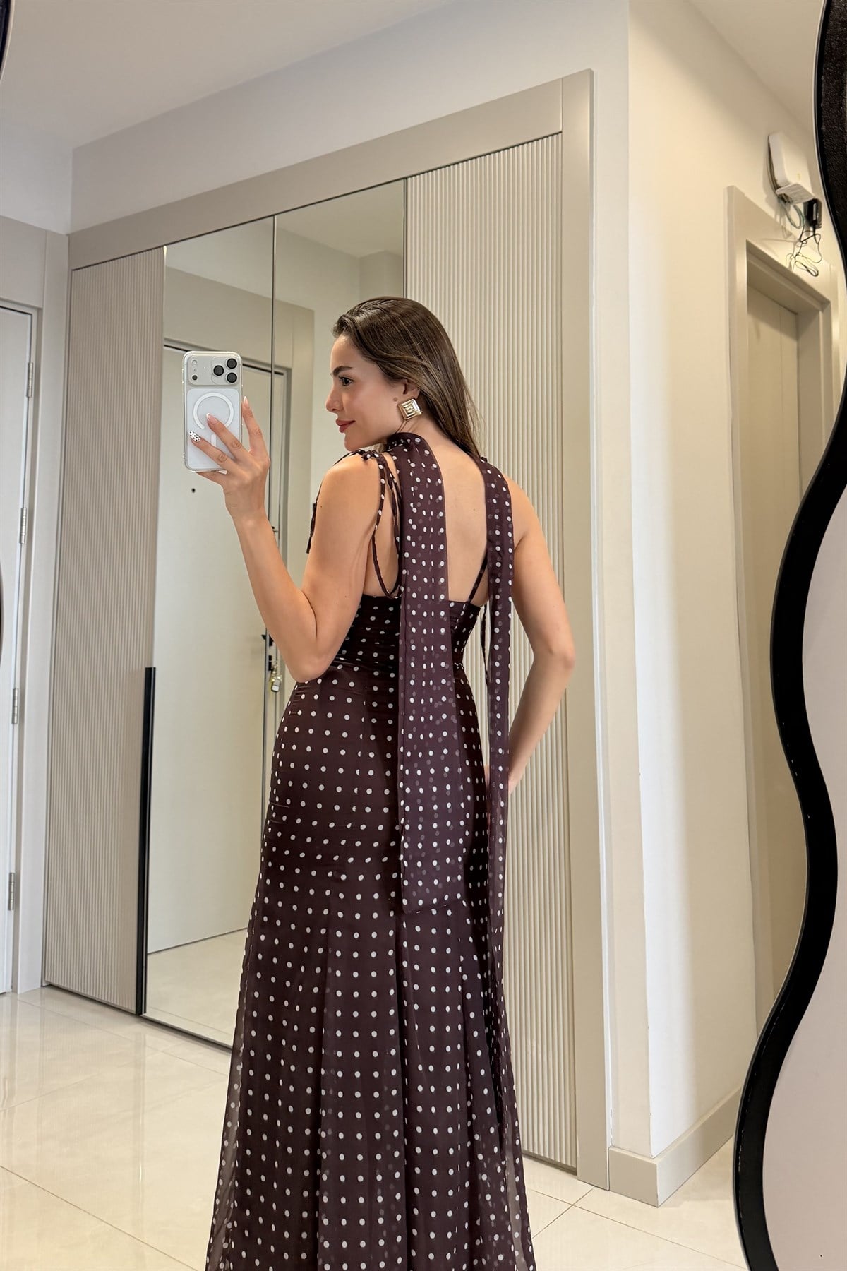 Marya Kahve Şallı Puantiye Desen Şifon Elbise
