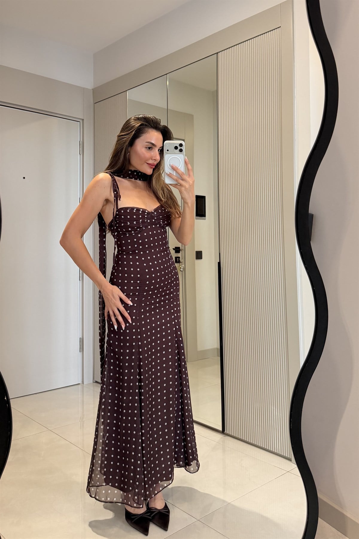 Marya Kahve Şallı Puantiye Desen Şifon Elbise