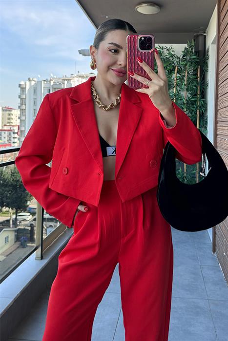 Maso Kruvaze Crop Blazer Ceket - Kırmızı