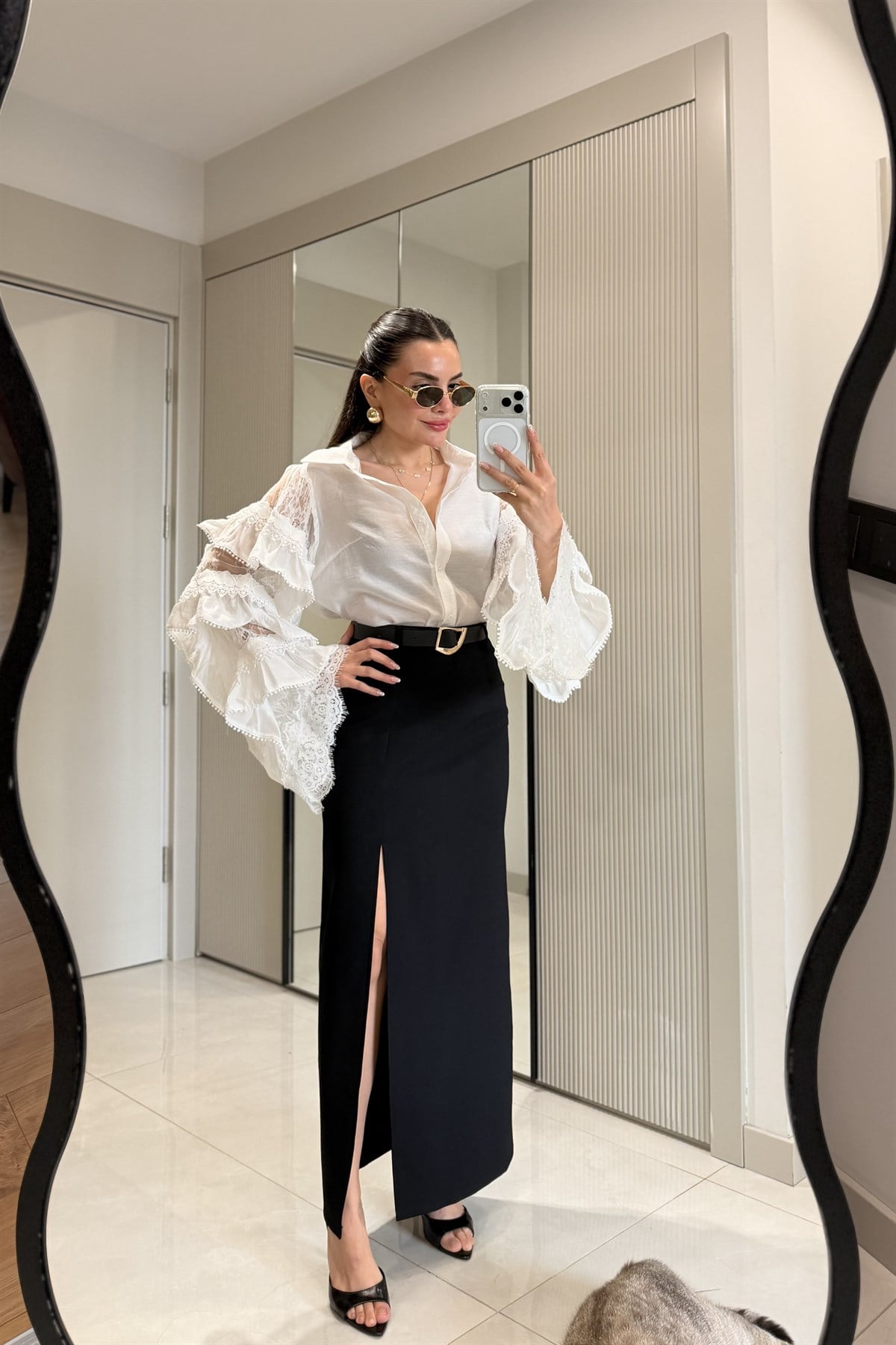 Mathew Siyah Yandan Yırtmaçlı Kemerli Etek