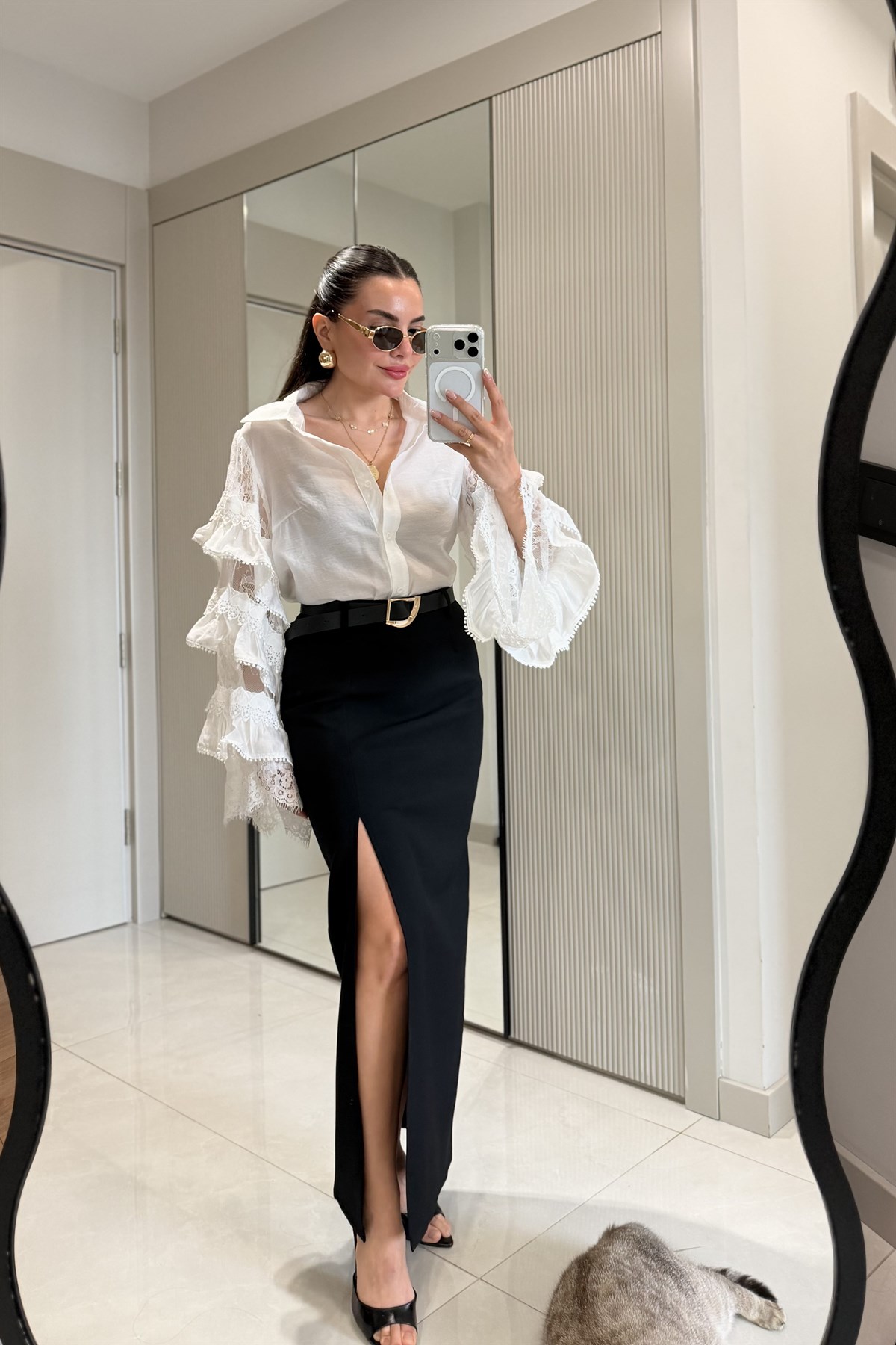 Mathew Siyah Yandan Yırtmaçlı Kemerli Etek