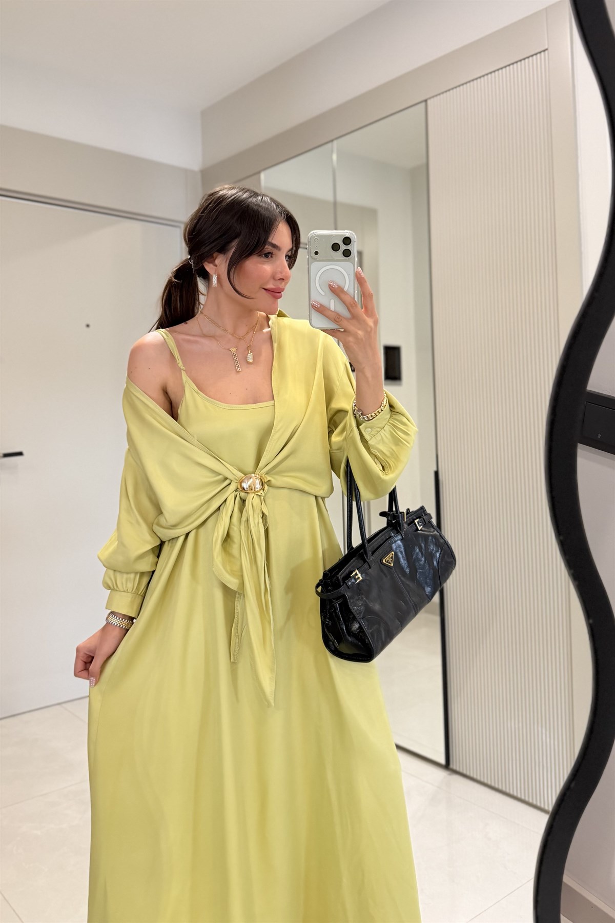 Mathilda Yağ Yeşili Elbise Gömlek Takım