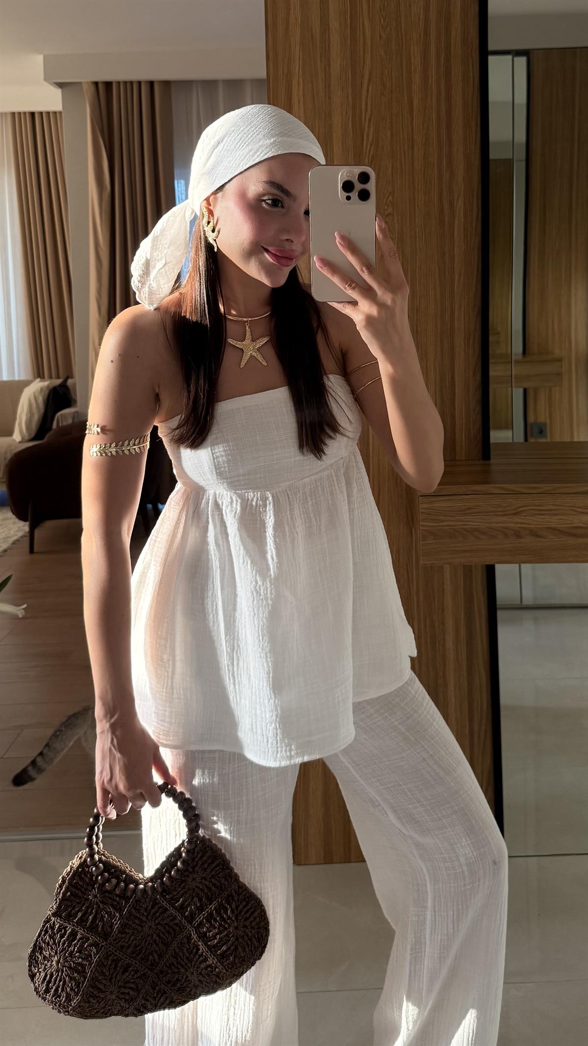 Matias Beyaz Müslin Bandanalı İkili Takım