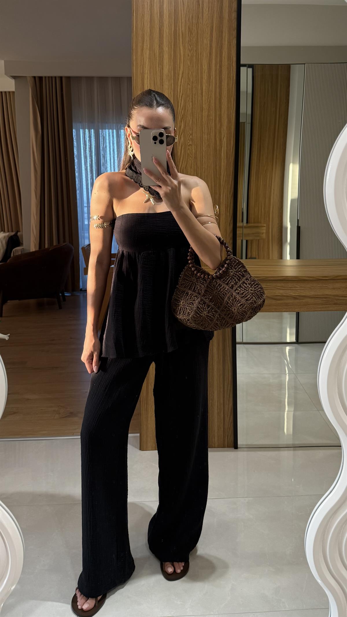 Matias Siyah Müslin Bandanalı İkili Takım