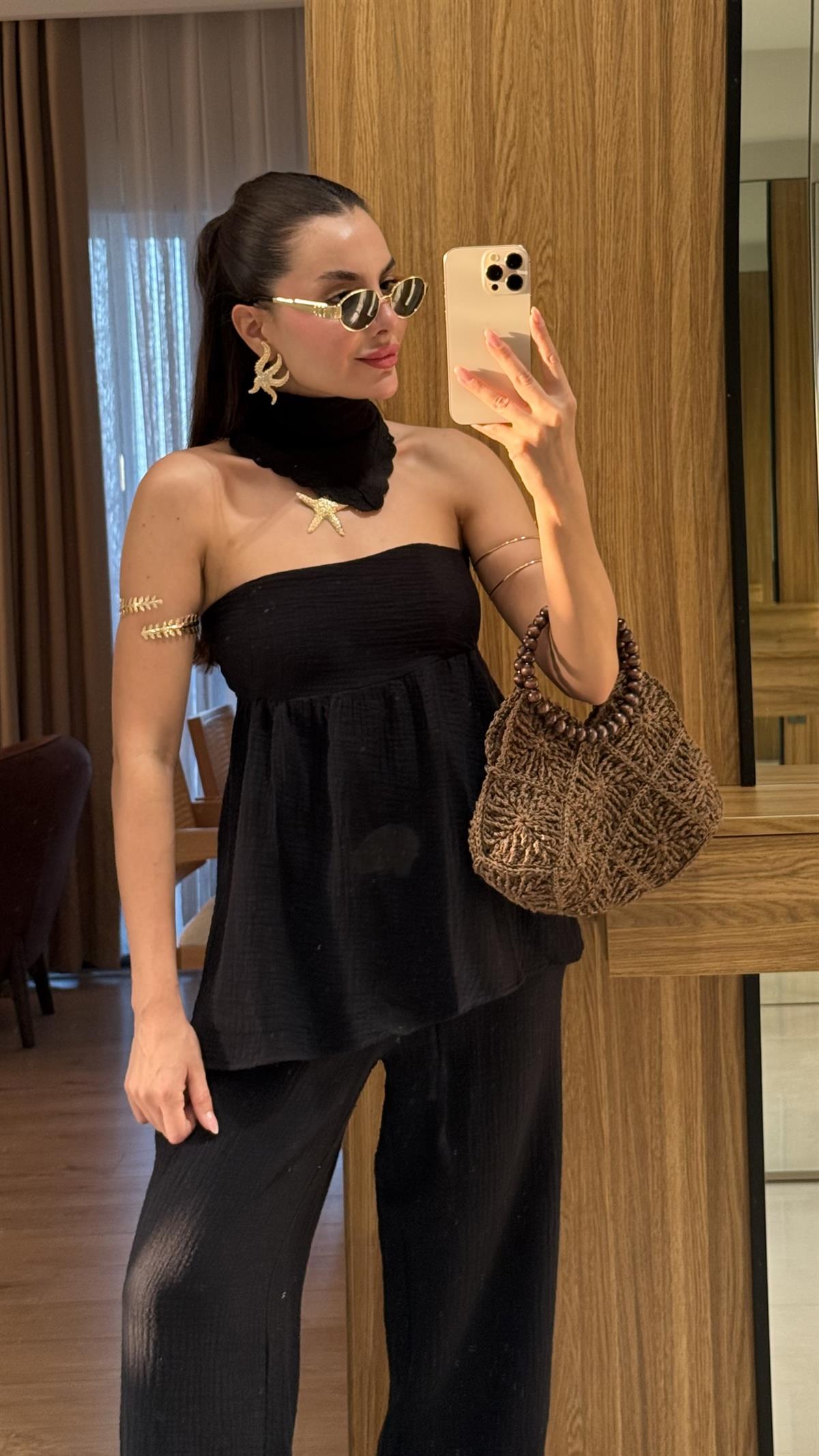 Matias Siyah Müslin Bandanalı İkili Takım