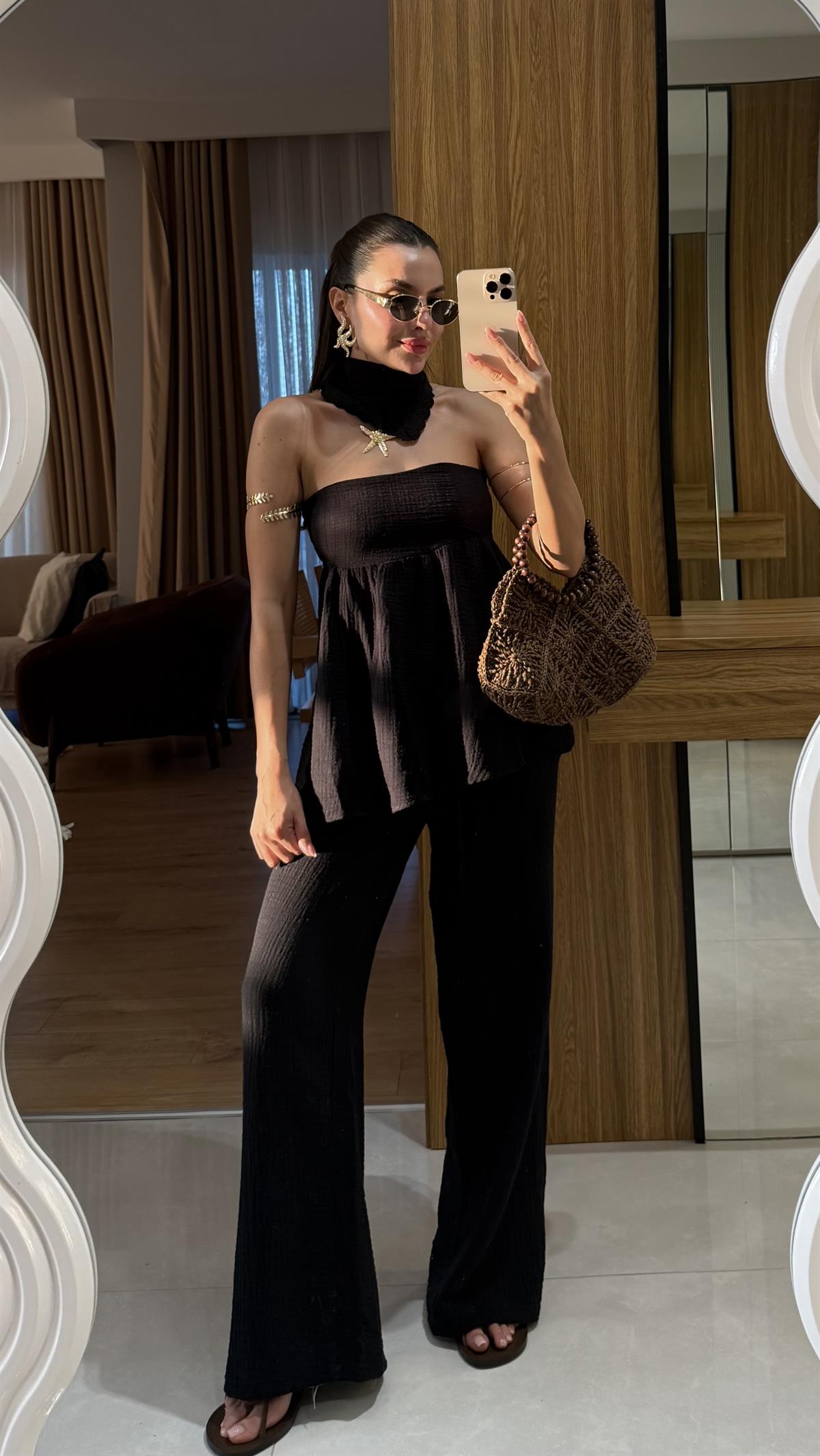 Matias Siyah Müslin Bandanalı İkili Takım