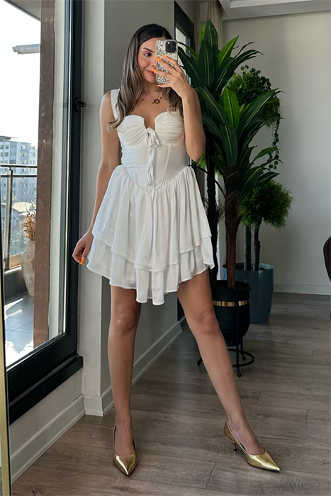 Matmazel korseli kat kat elbise - Beyaz