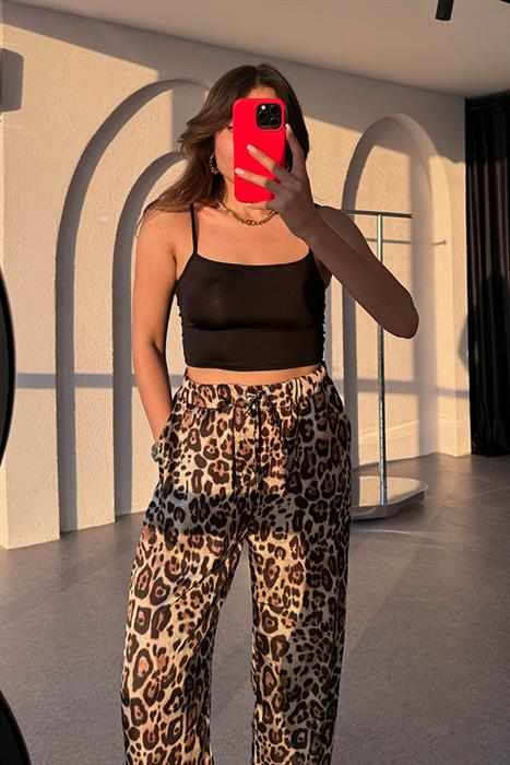 Matyas Beli Lastikli Saten Leopar Pantolon 