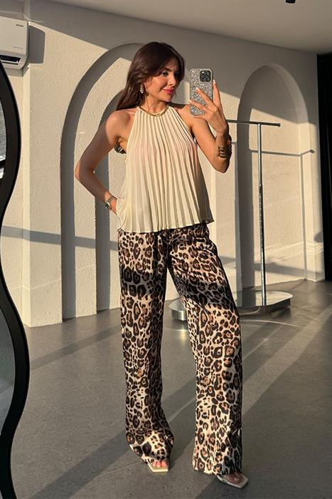 Matyas Beli Lastikli Saten Leopar Pantolon 