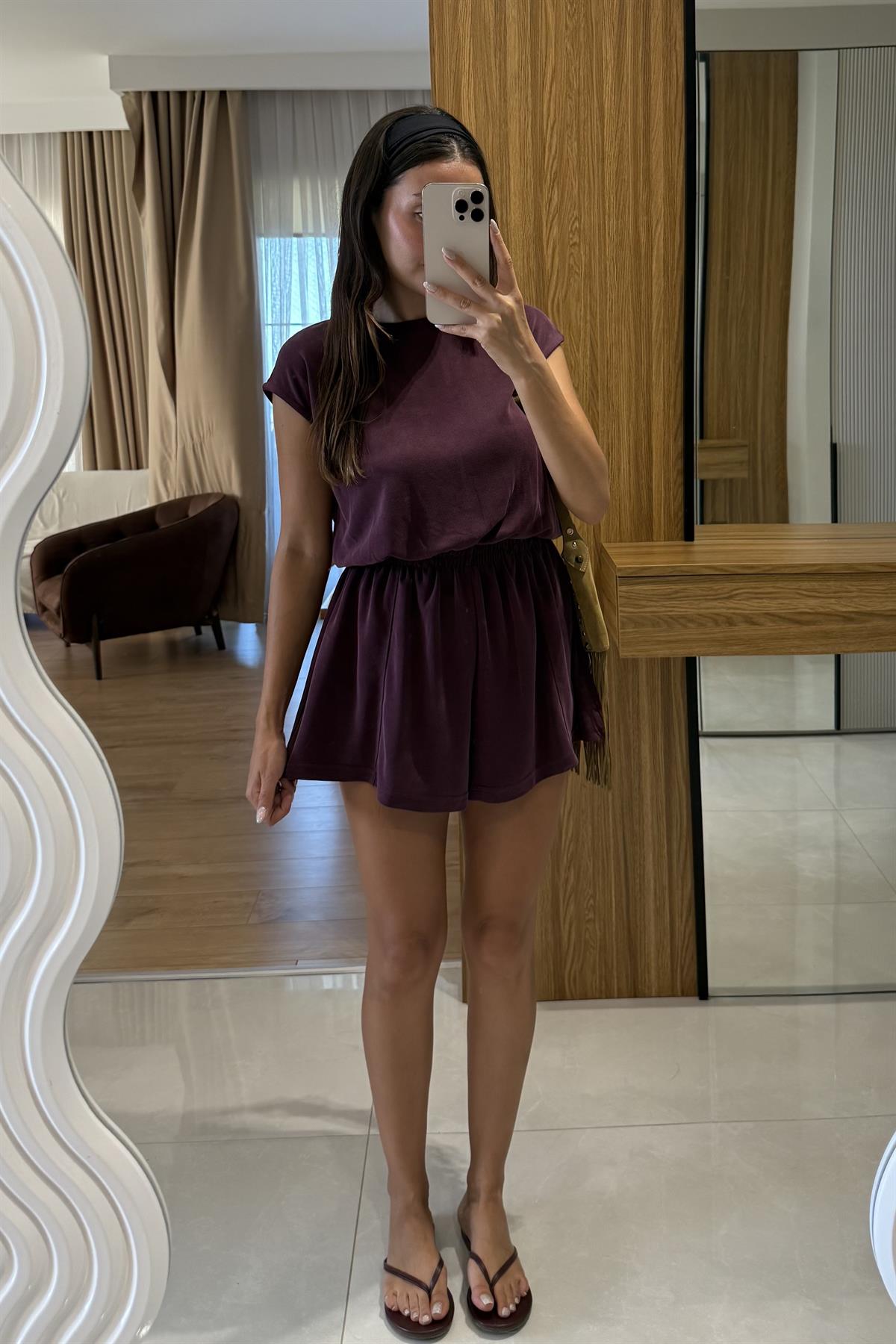 Maude Mürdüm Modal Beli Lastikli Tulum