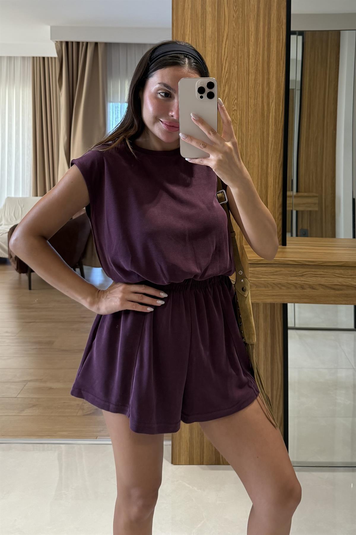 Maude Mürdüm Modal Beli Lastikli Tulum