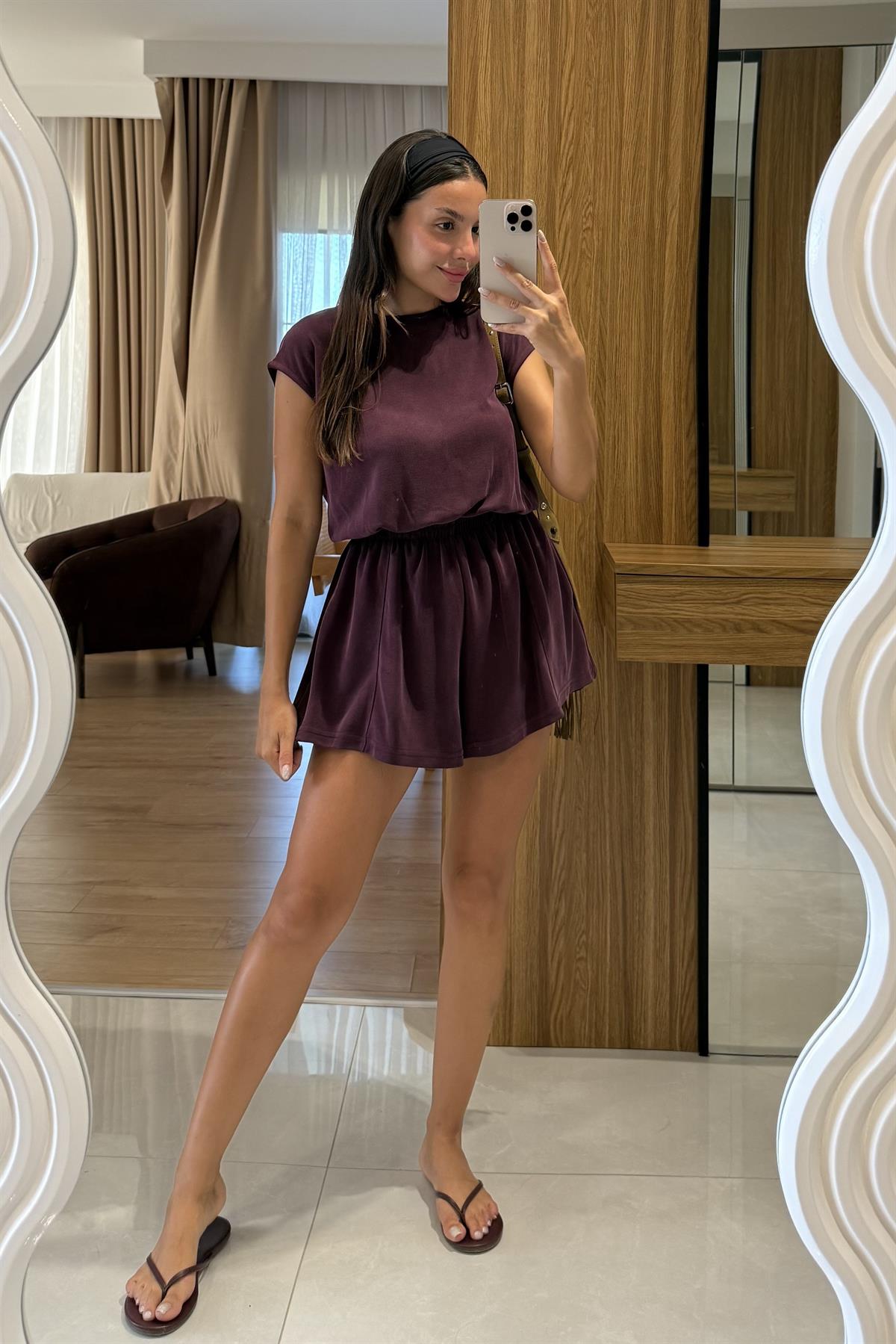 Maude Mürdüm Modal Beli Lastikli Tulum