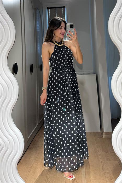 Maul Halter Yaka Puantiyeli Elbise-Siyah