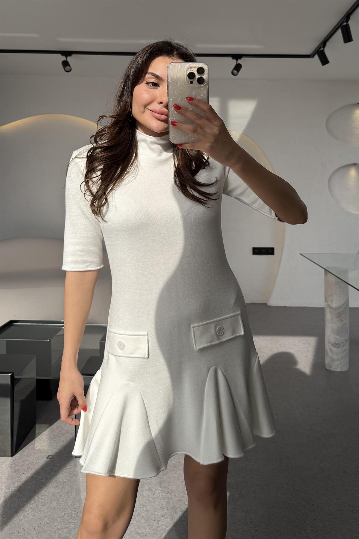 Mavend Beyaz Godeli Dilvin Elbise 