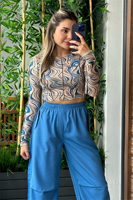 Mavi dalga desenli dikişli crop