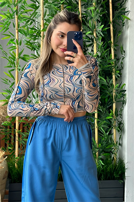 Mavi dalga desenli dikişli crop