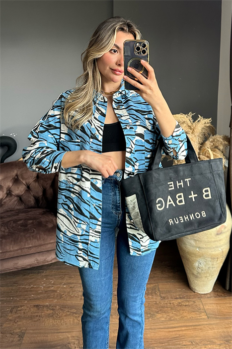 Mavi siyah şeritli oversize gömlek ceket