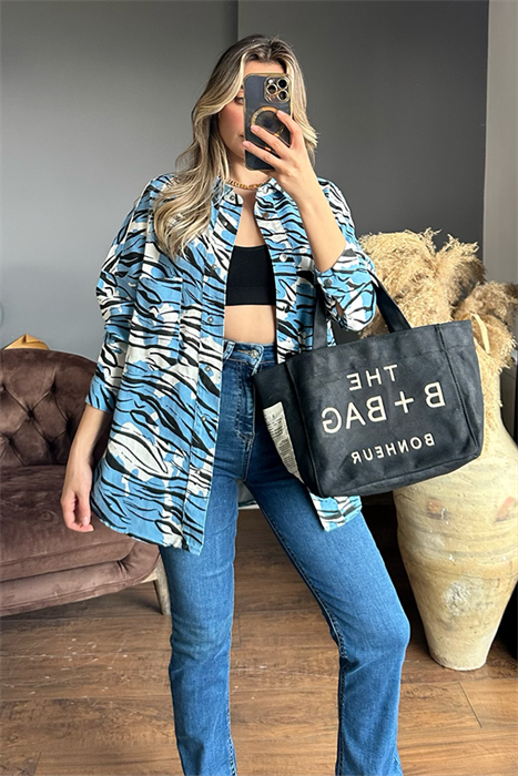 Mavi siyah şeritli oversize gömlek ceket