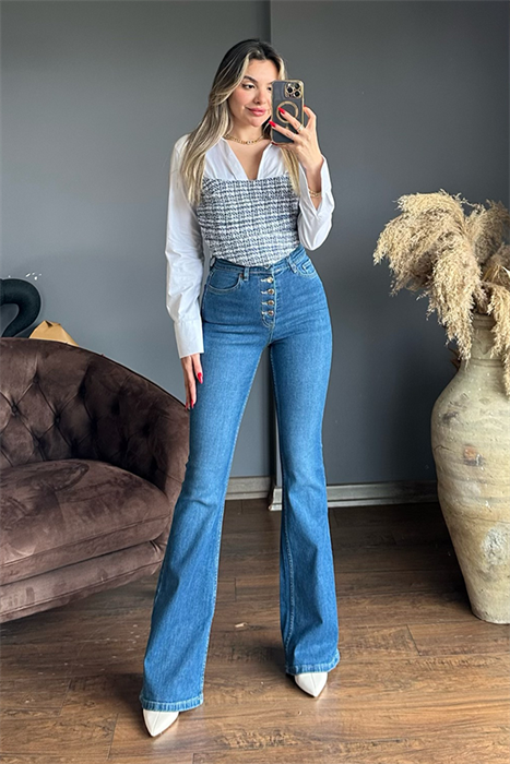 Mavi ultra yüksek bel düğmeli ispanyol jean