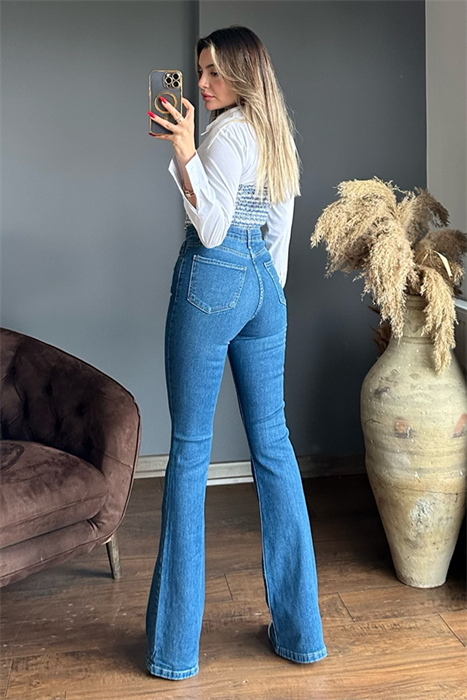 Mavi ultra yüksek bel düğmeli ispanyol jean