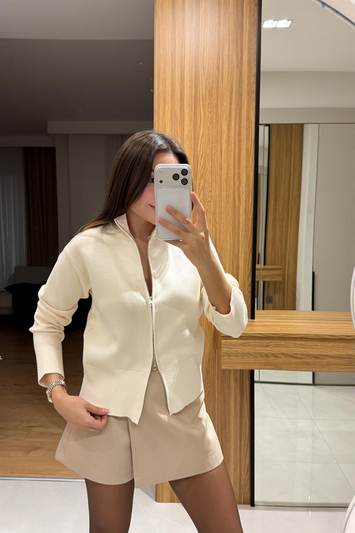 Mavren Ekru Fermuarlı Premium Triko Hırka