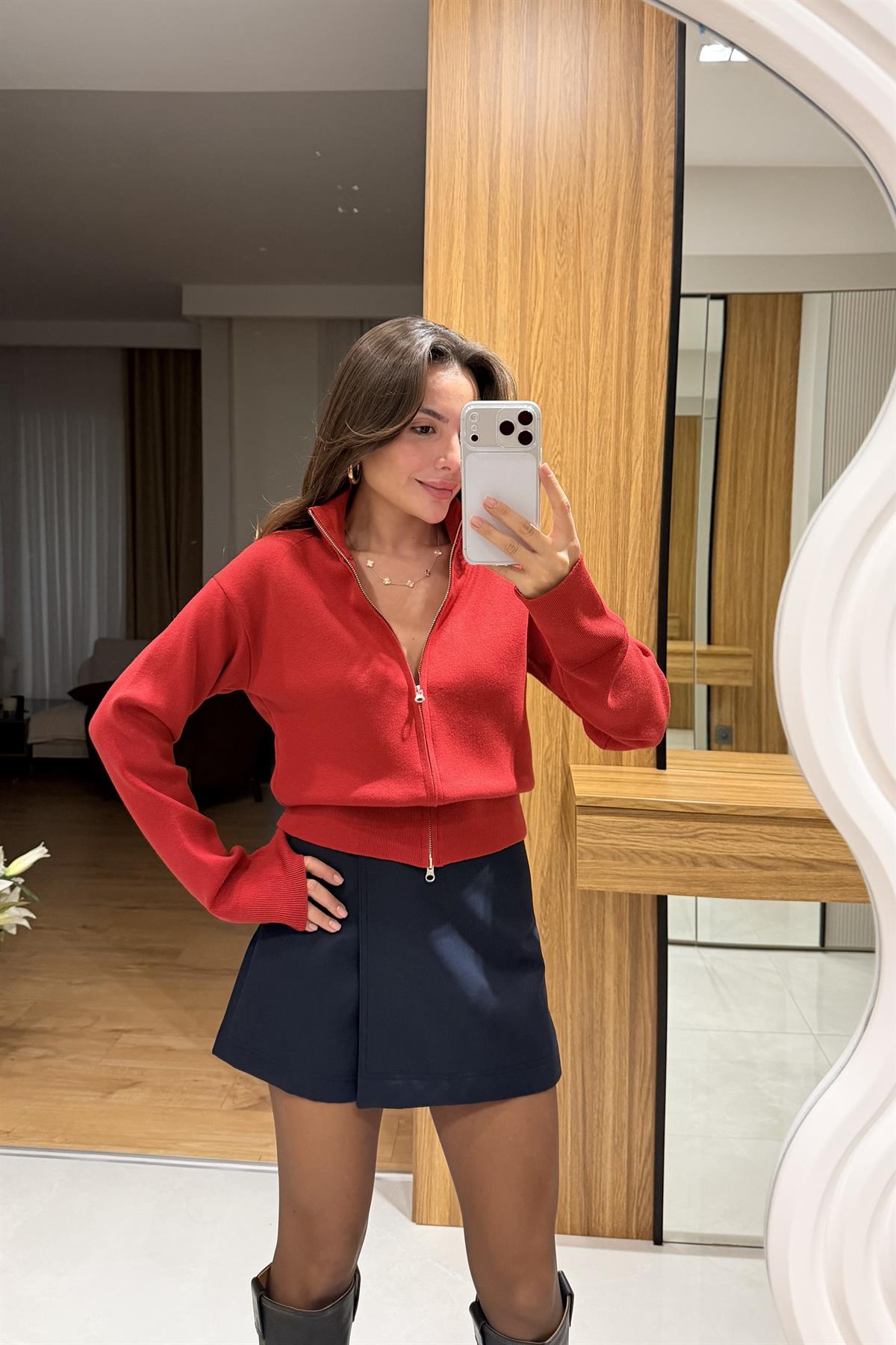 Mavren Kırmızı Fermuarlı Premium Triko Hırka