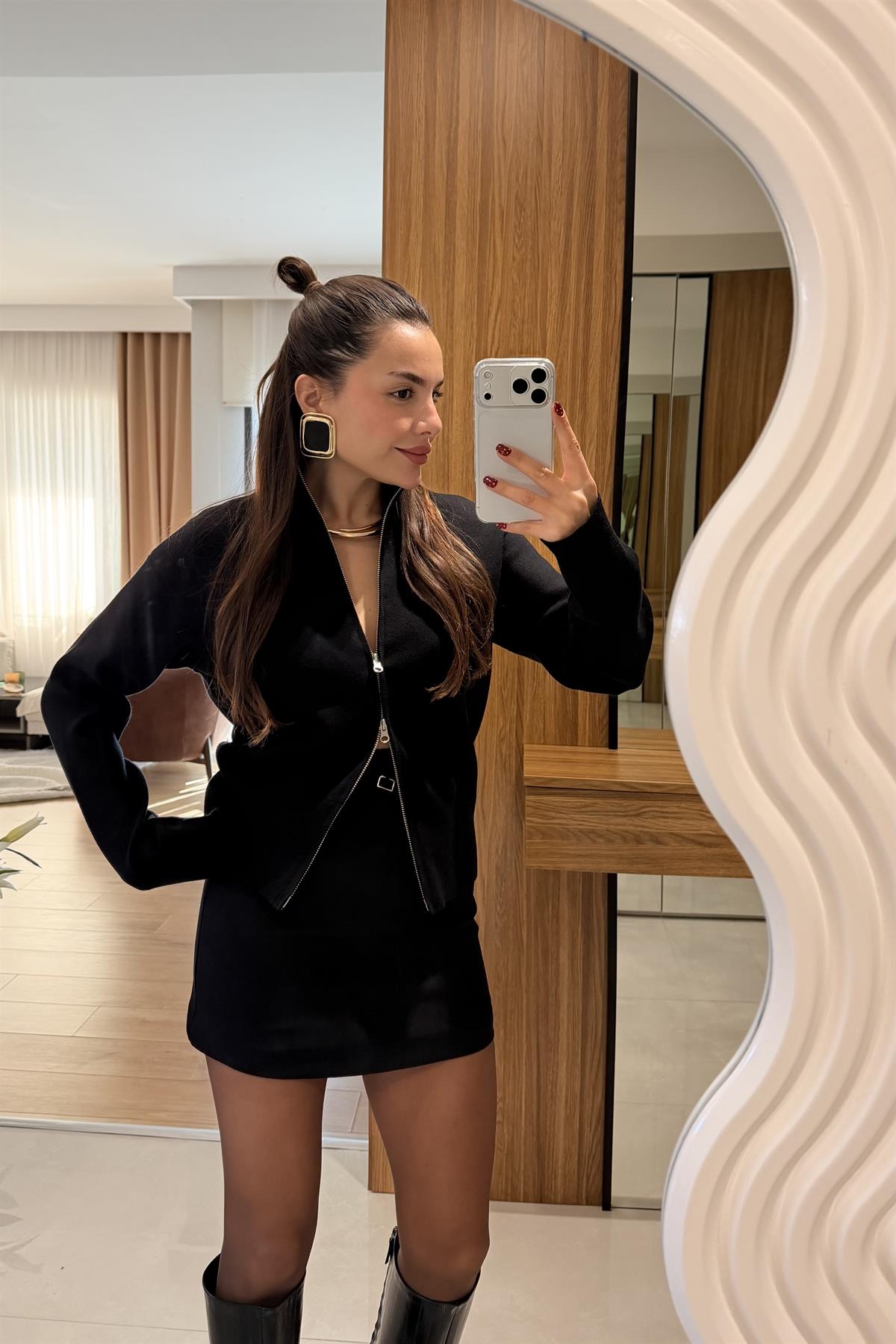 Mavren Siyah  Fermuarlı Premium Triko Hırka