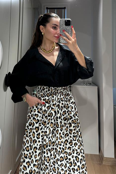 Maxi Leopar Desen Çan Etek-Bej