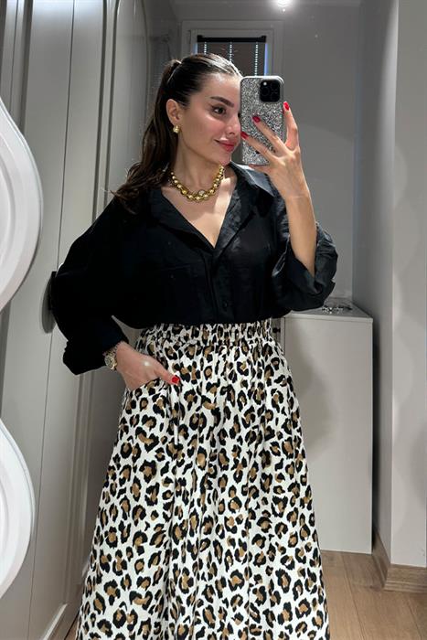 Maxi Leopar Desen Çan Etek-Bej