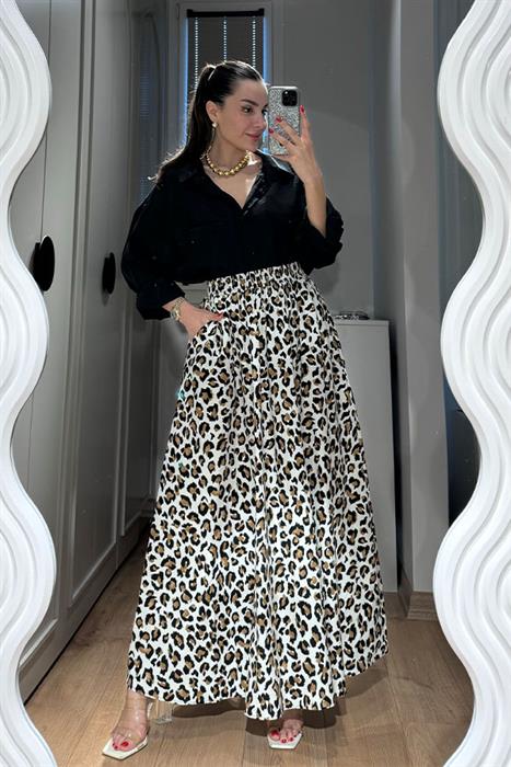 Maxi Leopar Desen Çan Etek-Bej