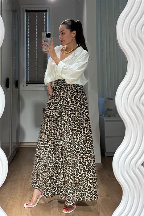Maxi Leopar Desen Çan Etek-Ekru