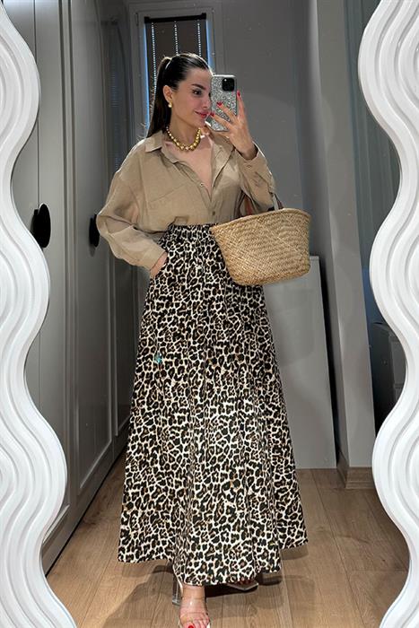 Maxi Leopar Desen Çan Etek-Ekru