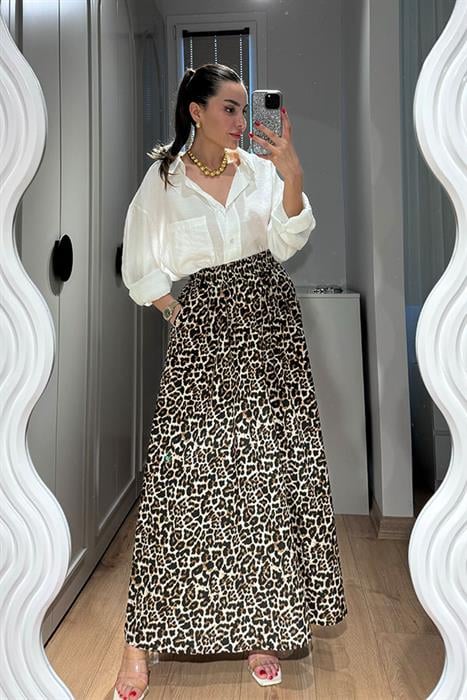 Maxi Leopar Desen Çan Etek-Ekru