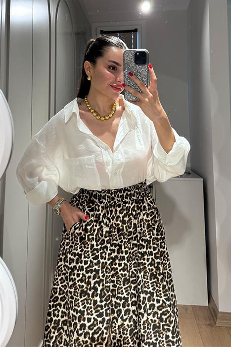 Maxi Leopar Desen Çan Etek-Ekru