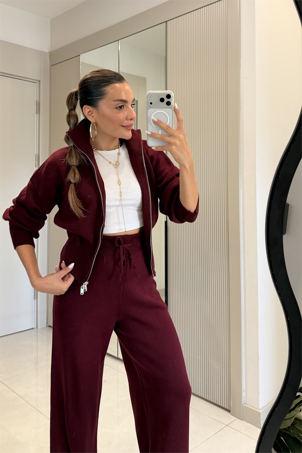 Maya Bordo Fermuarlı Triko Takım
