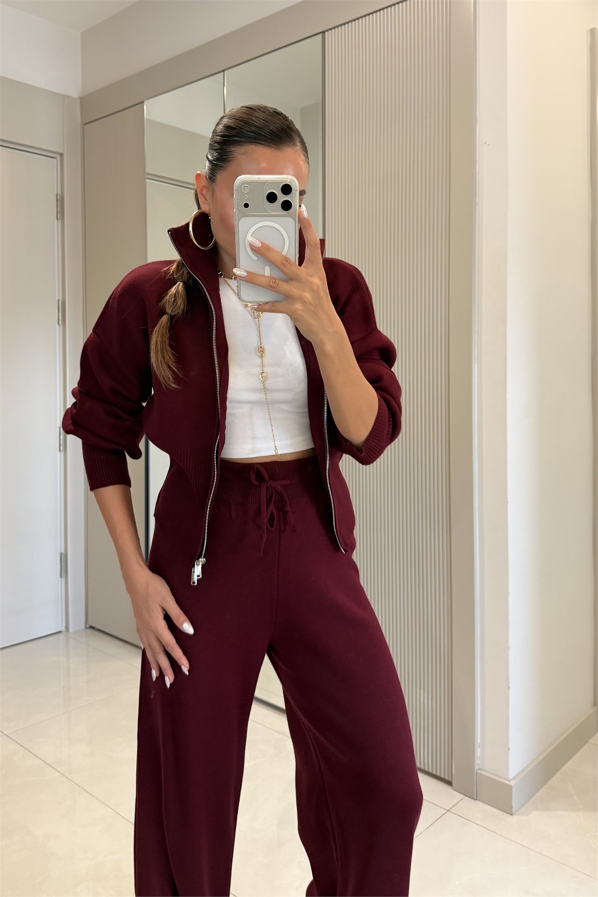 Maya Bordo Fermuarlı Triko Takım
