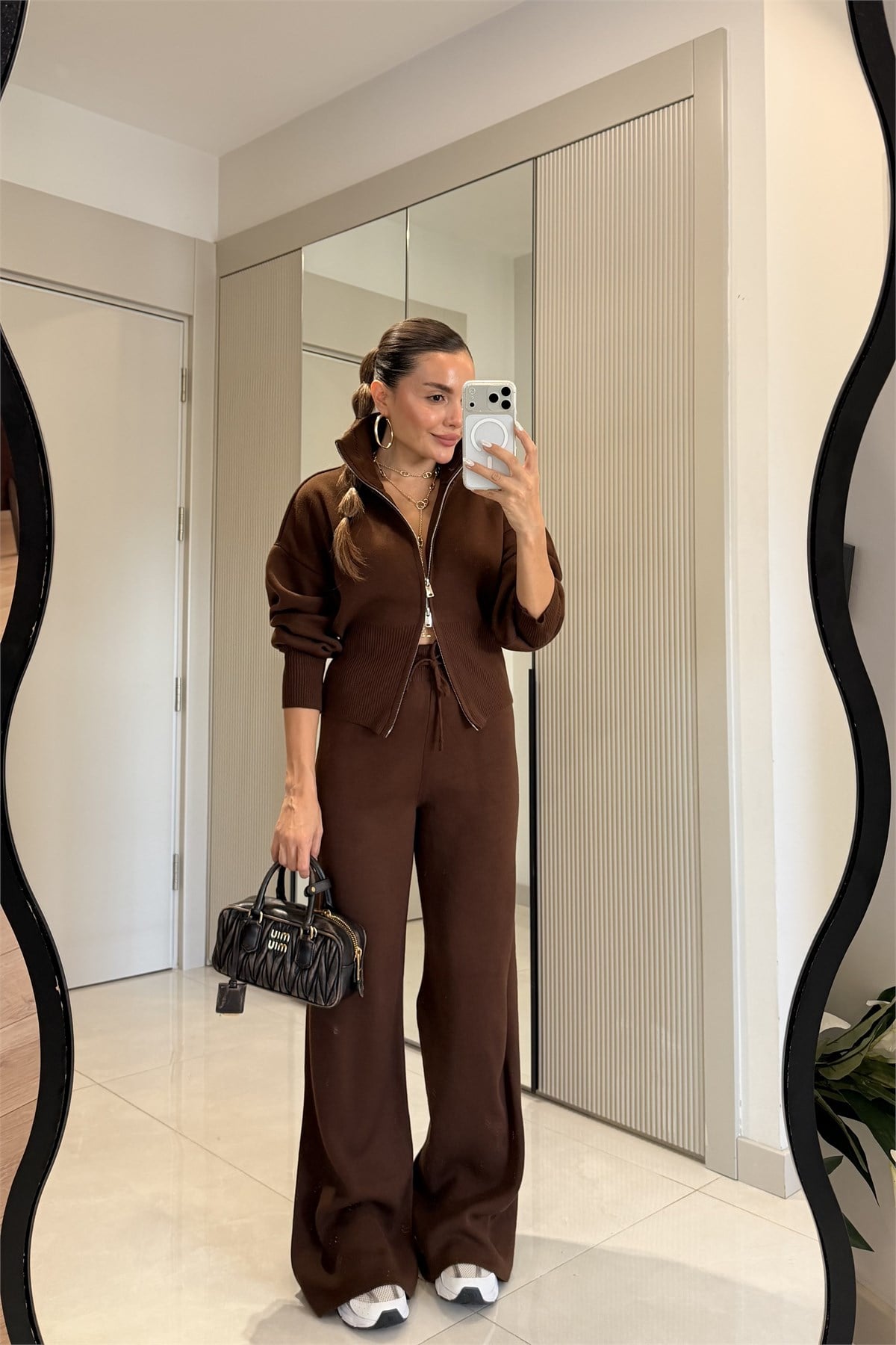 Maya Kahve Fermuarlı Triko Takım