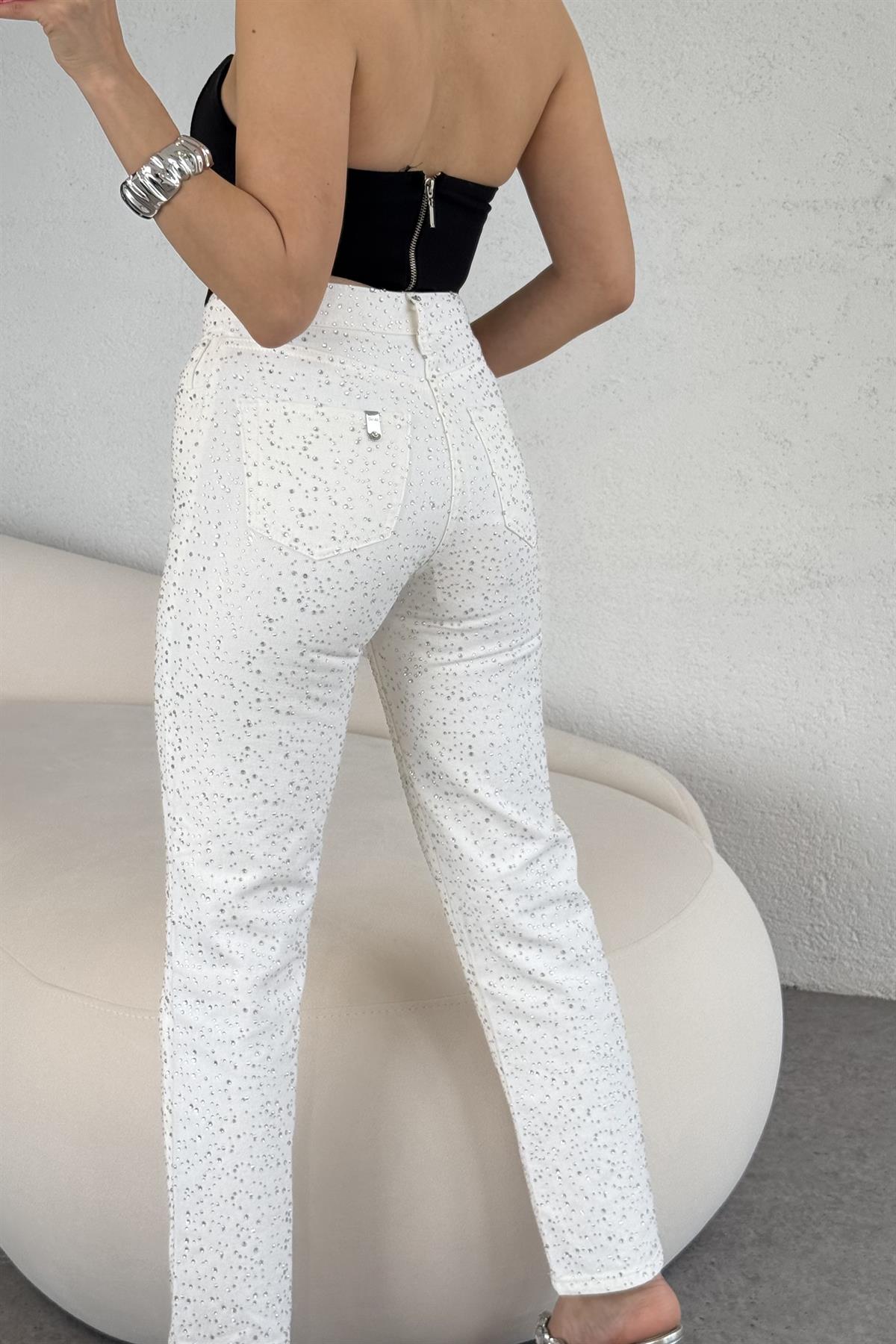Mayje Full Taşlı Beyaz Jean 