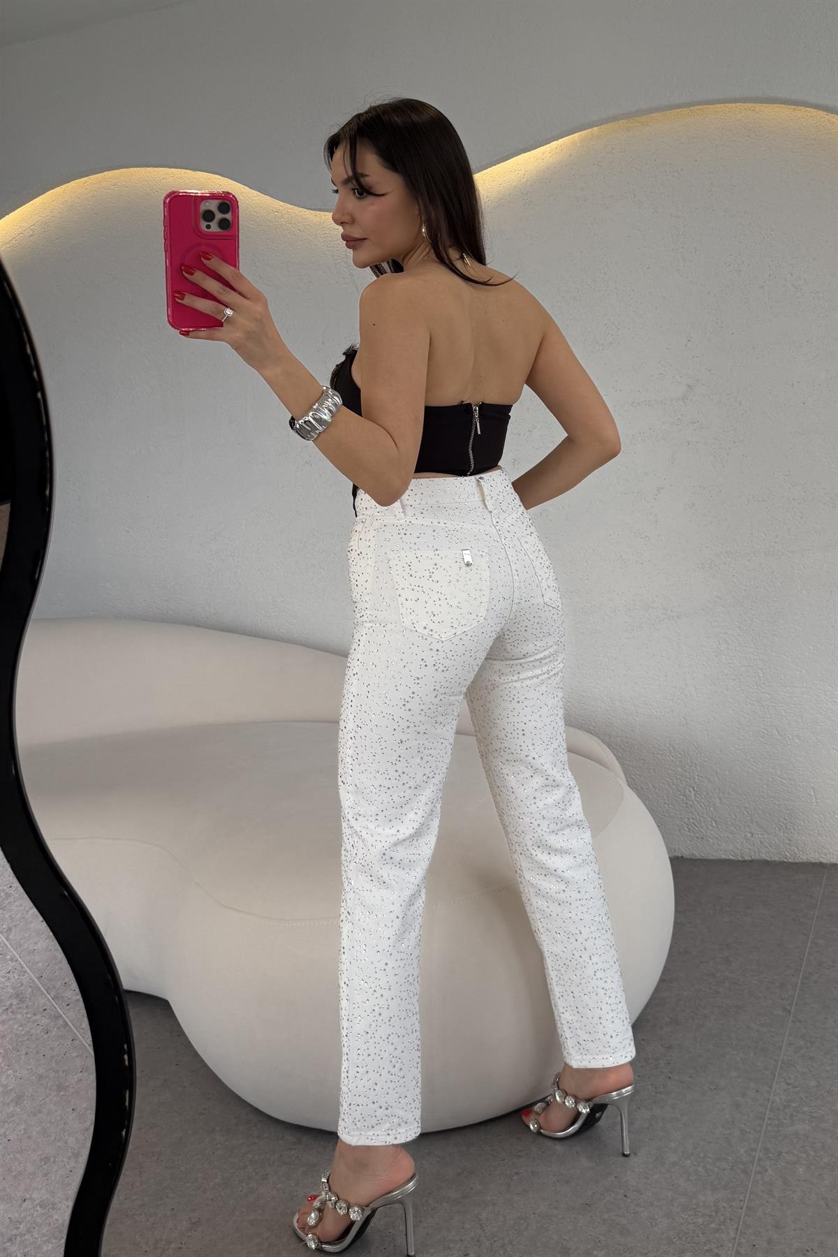 Mayje Full Taşlı Beyaz Jean 