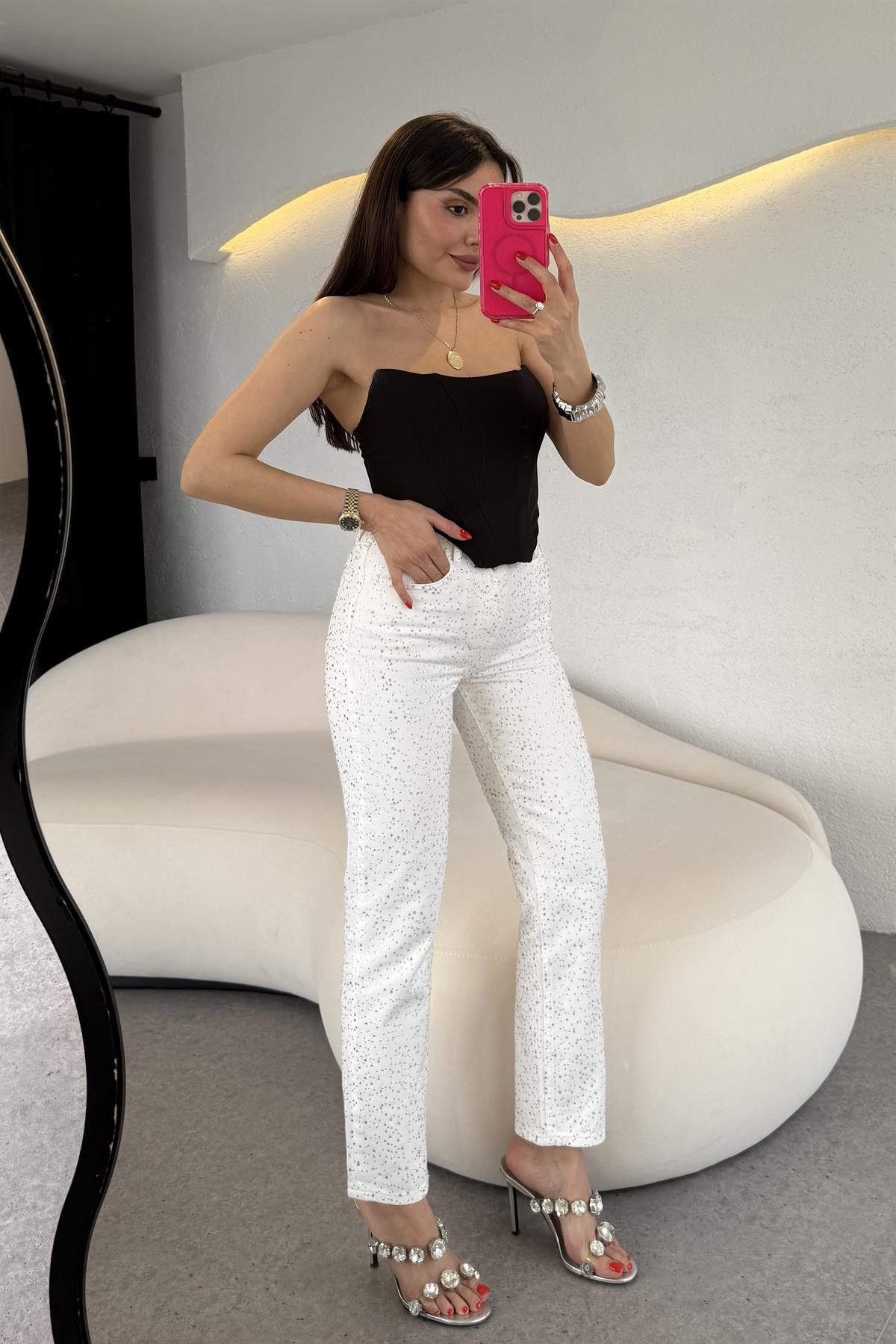 Mayje Full Taşlı Beyaz Jean 
