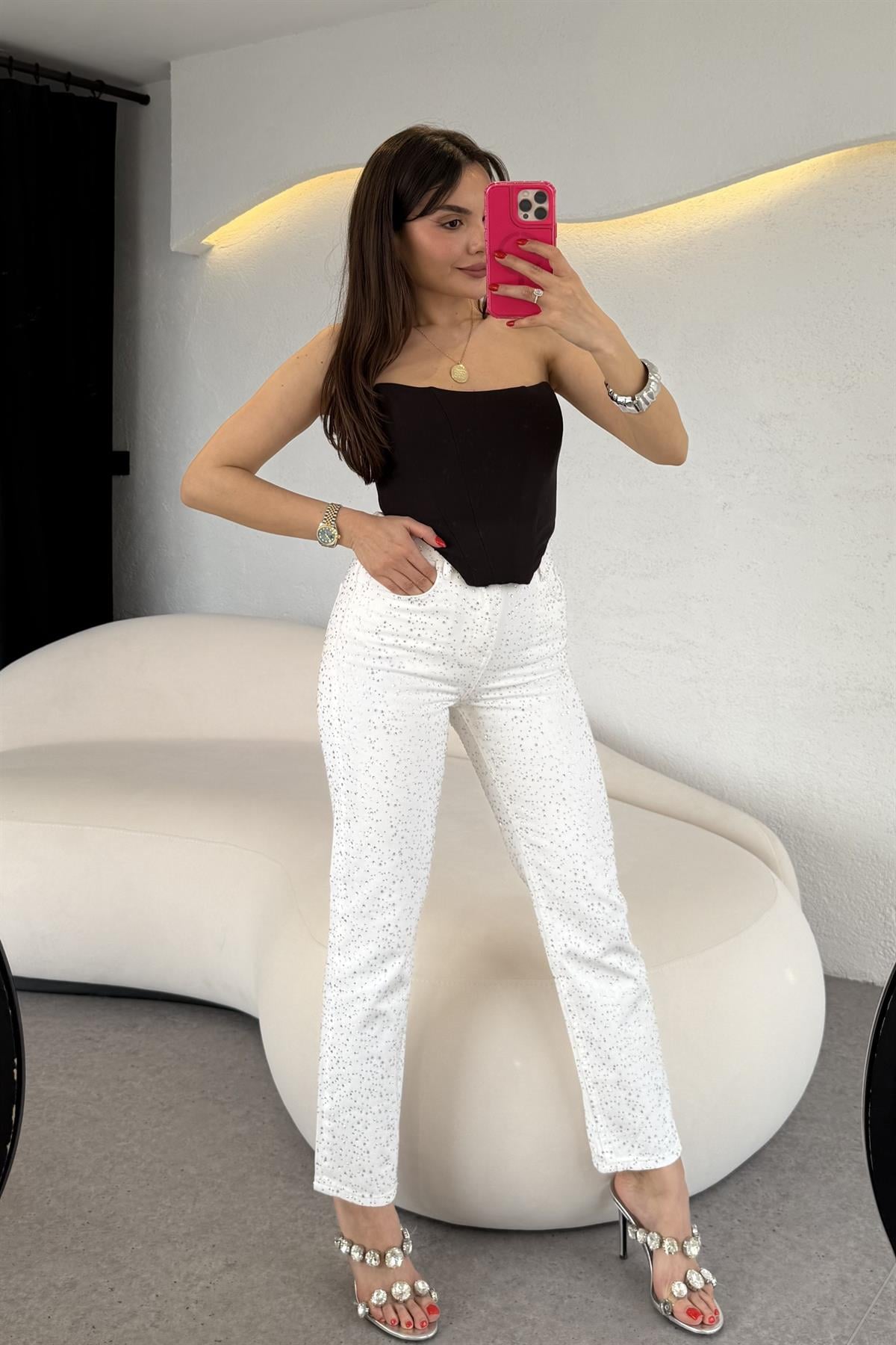 Mayje Full Taşlı Beyaz Jean 