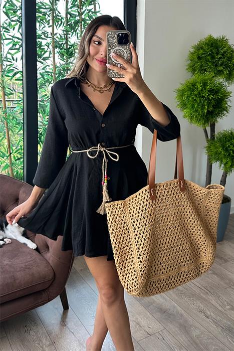 Mayor kemerli gömlek elbise - Siyah