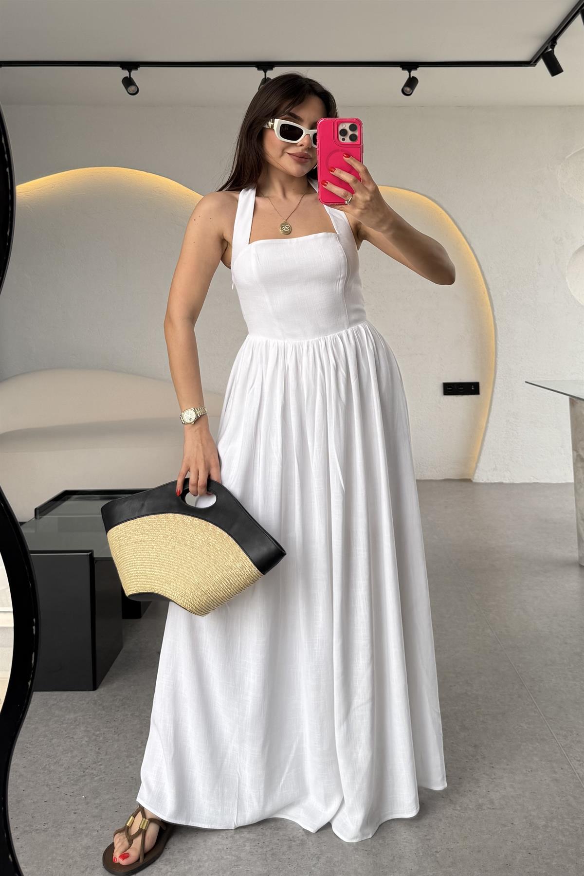 Mayra Ekru Boyundan Bağlamalı Keten Astarlı Elbise