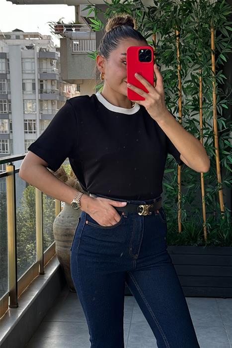 Md Bisiklet Yaka Şeritli Tshirt - Siyah