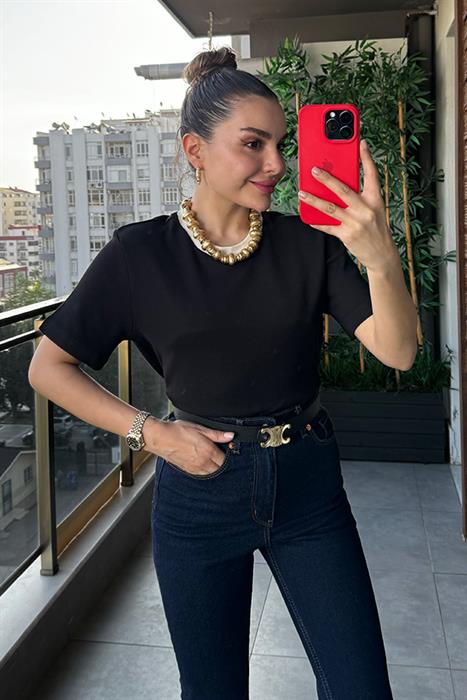 Md Bisiklet Yaka Şeritli Tshirt - Siyah