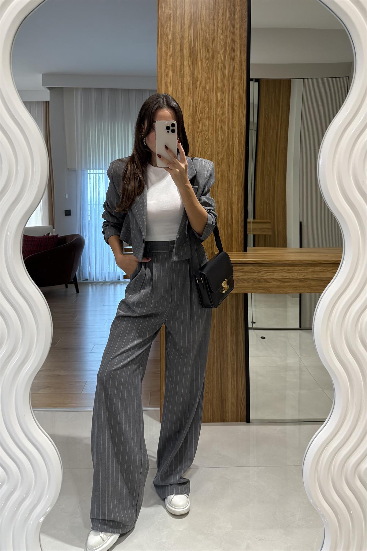 Medusa Gri Çizgili Blazer Pantolon Takım