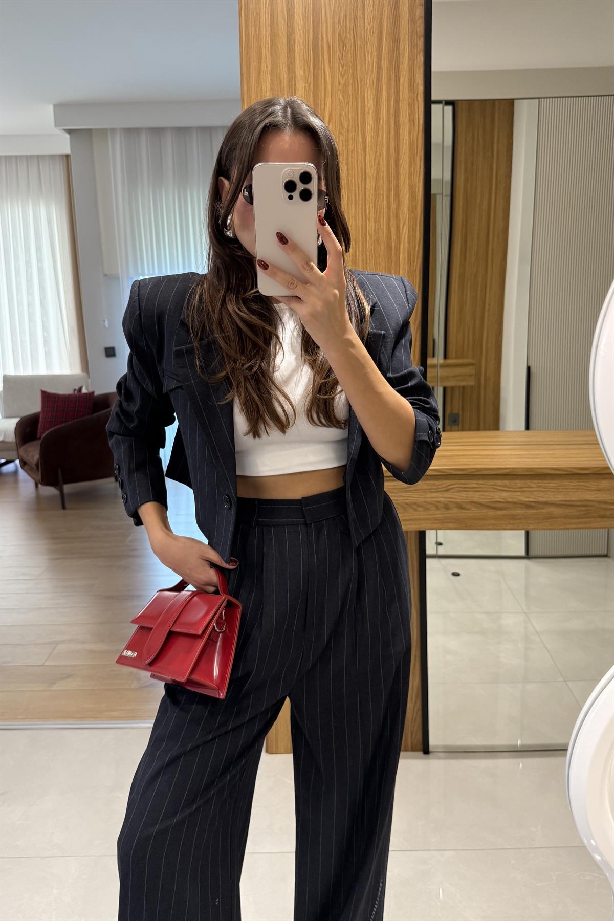 Medusa Lacivert Çizgili Blazer Pantolon Takım