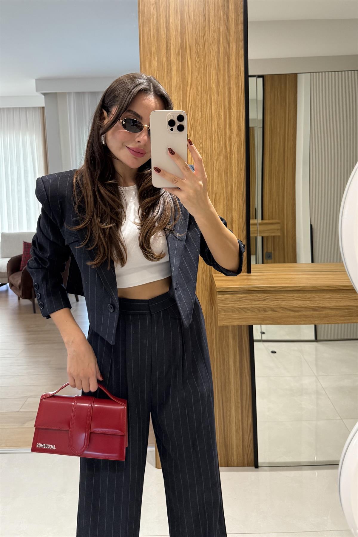 Medusa Lacivert Çizgili Blazer Pantolon Takım