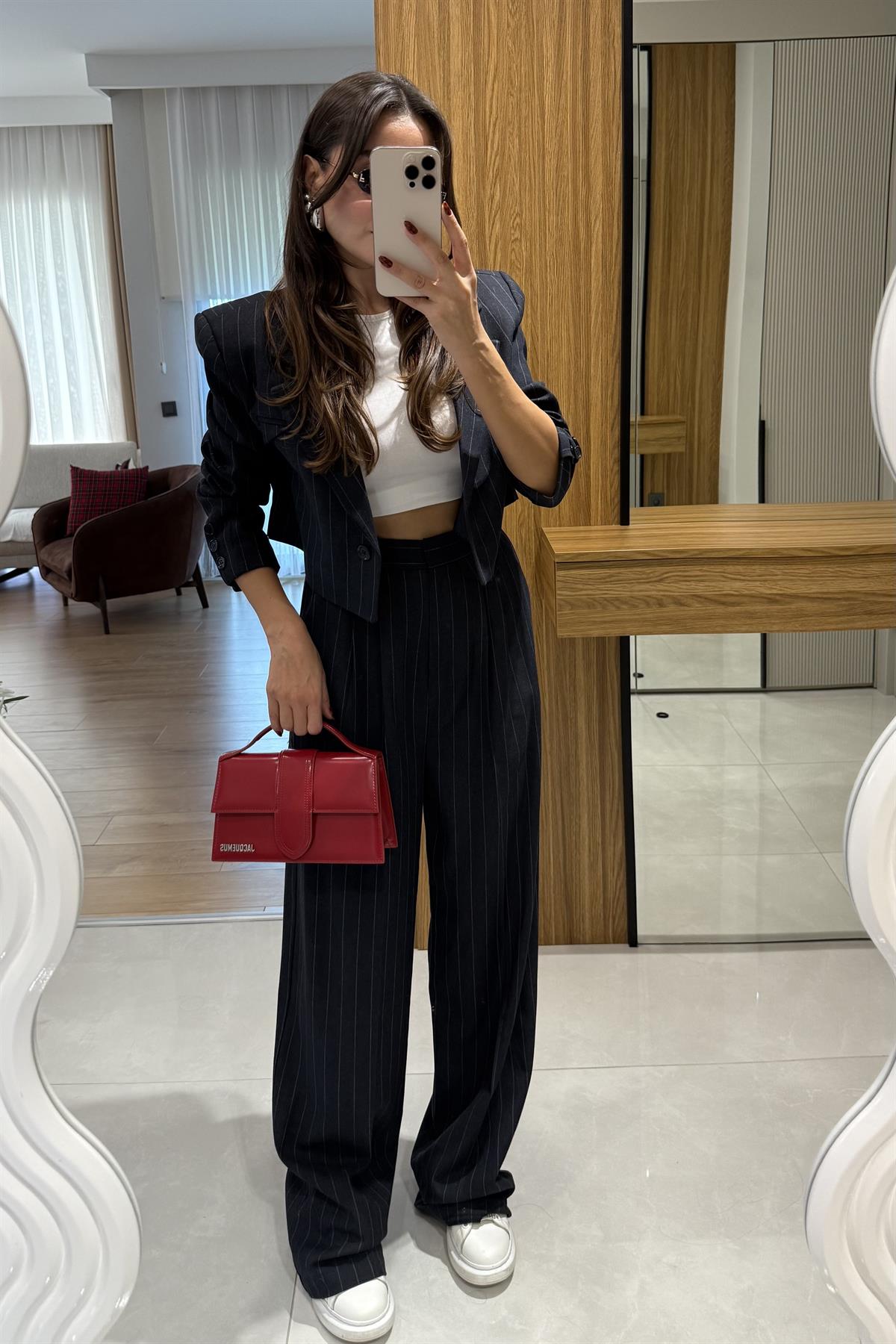 Medusa Lacivert Çizgili Blazer Pantolon Takım